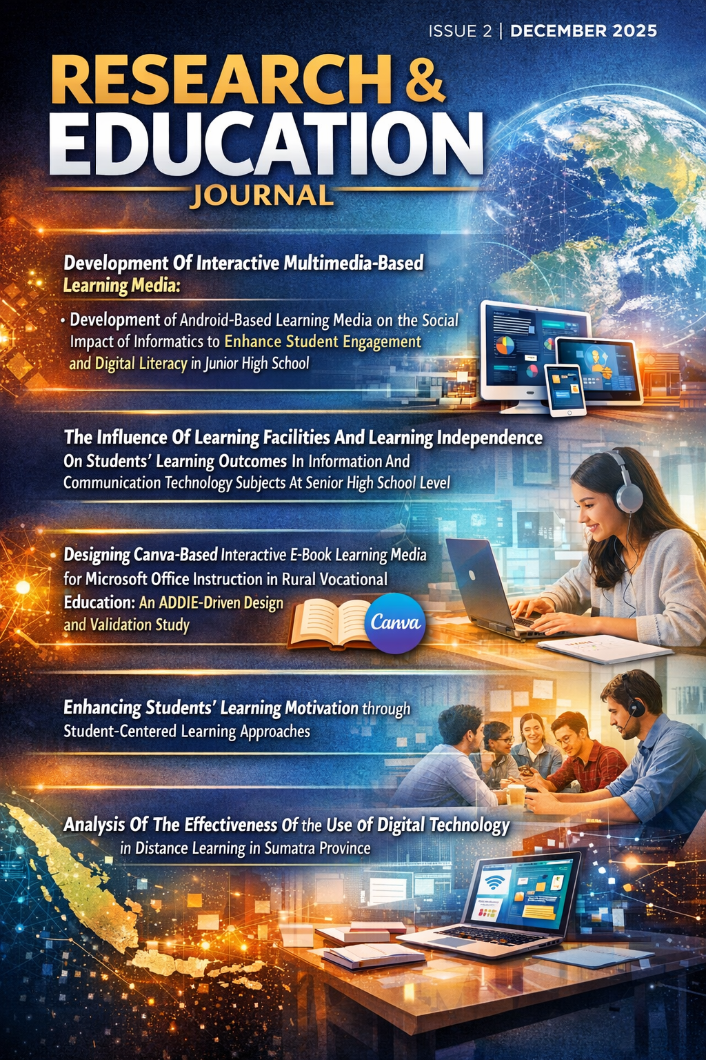 An academic journal cover for Research & Education Journal Issue 2 (December 2025) highlighting digital learning, educational technology, and innovative multimedia-based instruction.